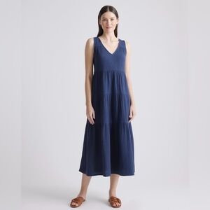 QUINCE Tiered Maxi Dress Organic Gauze Cotton Large Grey/ Indigo Blue